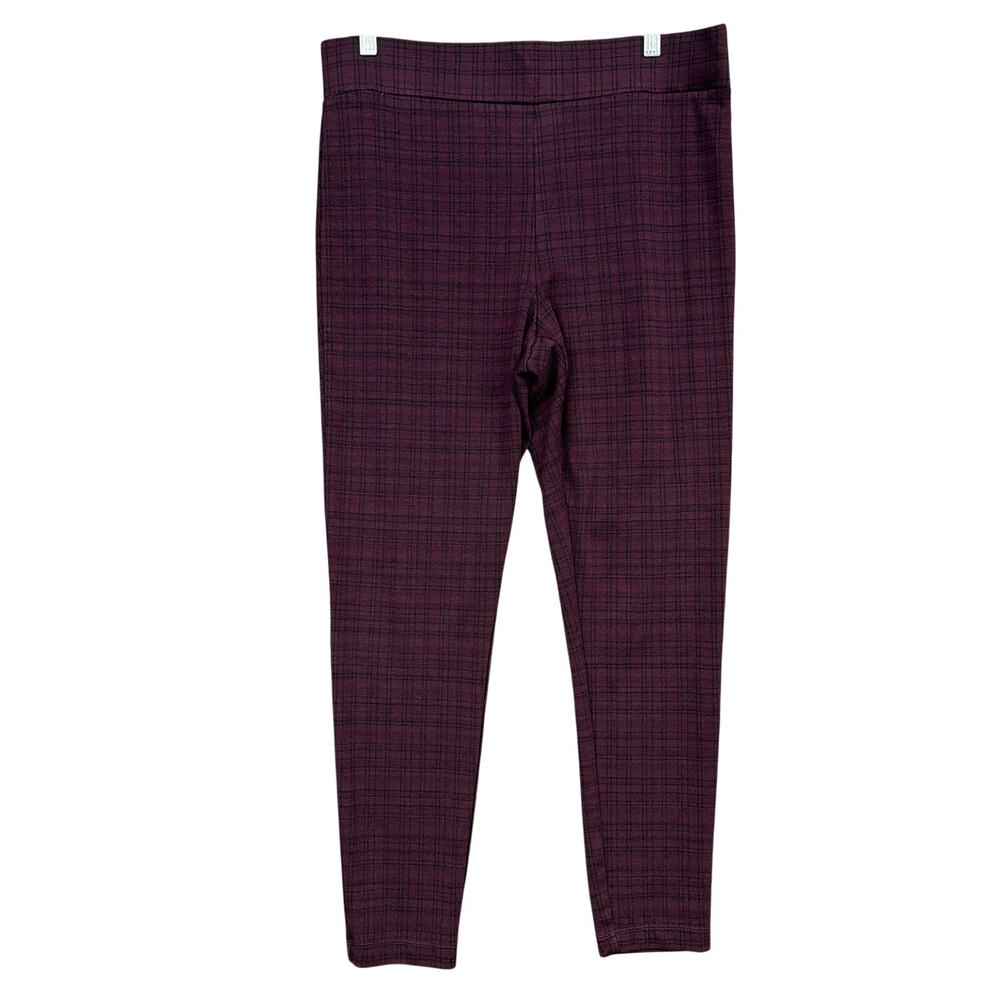 LOFT Womens Leggings Maroon Black Plaid Tapered Soft Pull On Rayon Large